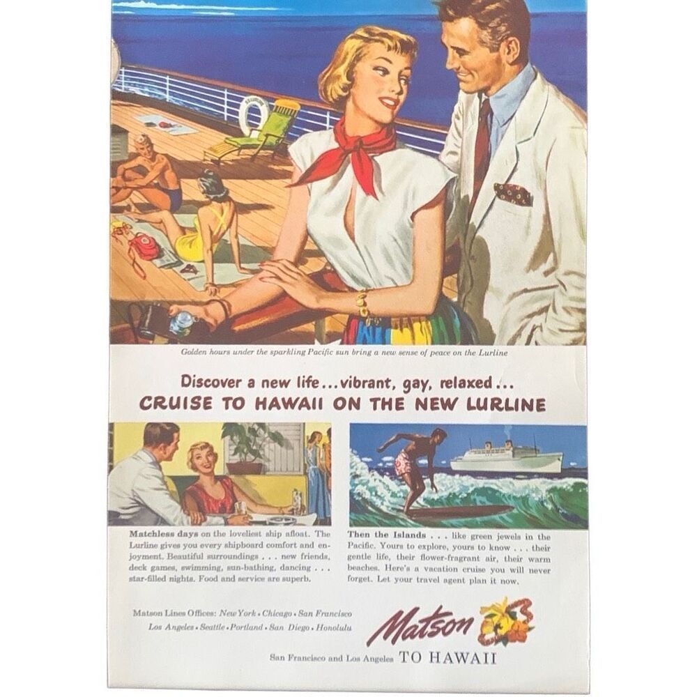 Vintage 1949 Matson Cruise Lines Cruise to Hawaii Ad Advertisement